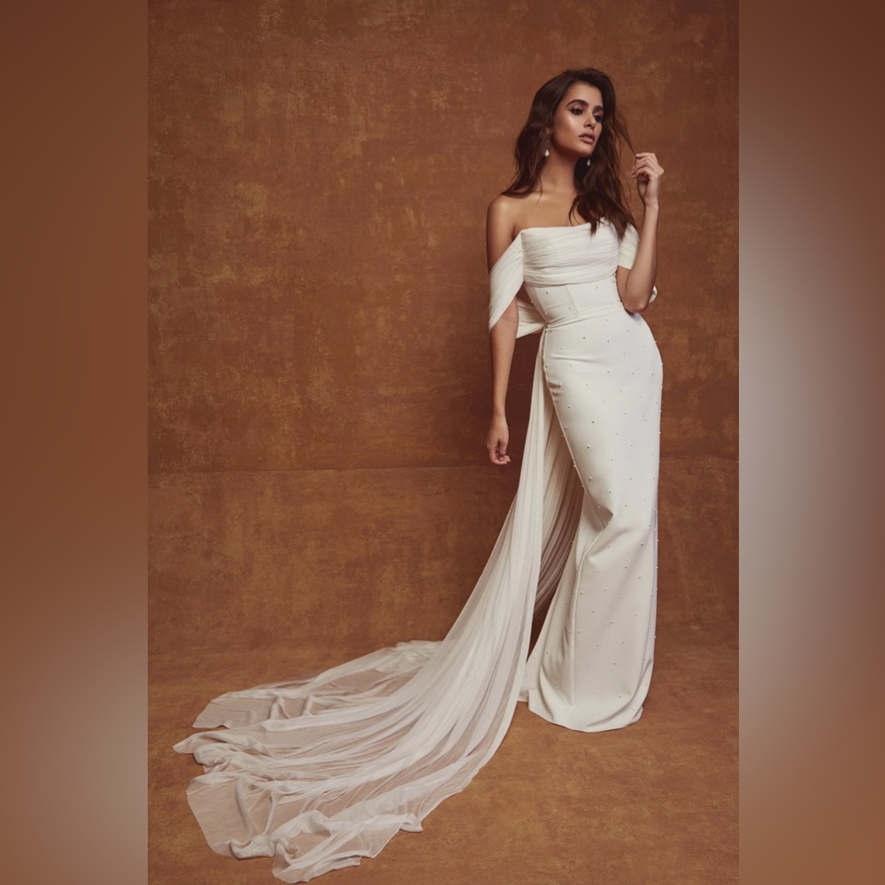 Sarah Seven Sandra Gown Cream Off-Shoulder Wedding Dress